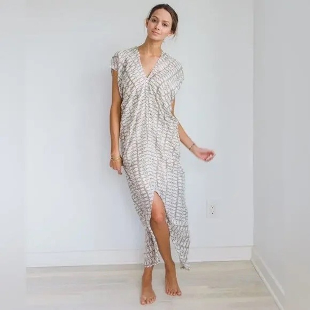 Mirth Corfu Long Handmade‎ Grey White Print Caftan Maxi Dress Size M/L